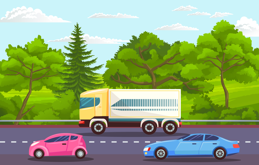 Cars drive on an asphalt road in the countryside against a green forest with large trees. Panorama country road summertime flat vector illustration. Road trips and freight, automobile transport. Cars drive on an asphalt road in the countryside against a green forest. Road trips and freight
