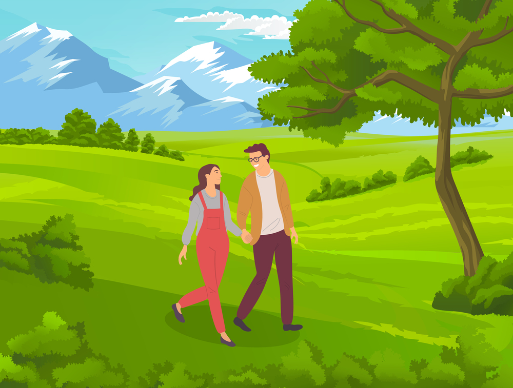Couple walking in a park. Young guy and girl holding hands walking in summer garden, romantic walk. Lovers man and woman met on a date outdoor. Romantic promenade in the open air, active lifestyle. Couple walking in a park. Young guy and girl holding hands walking in summer garden, romantic walk