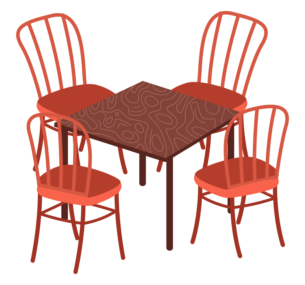Table and chairs, indoor or outdoor wooden and plastic furniture. Vector illustration dining room furnishings on white background. Daily view place to eat, bistro or cafe, home design interior. Table and chairs, indoor or outdoor furniture. Dining room furnishings on white background