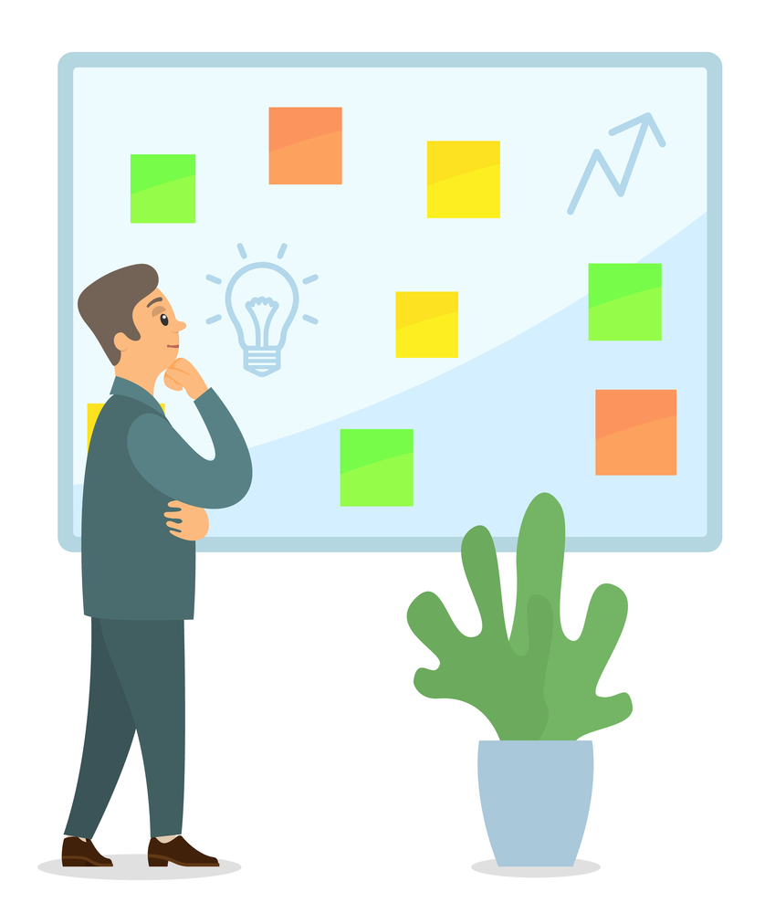 Business idea development, generation of innovation concept. Man thinking about promotion, brainstorming. Office worker near presentation poster with idea bulb. Business and motivation banner. Business idea development, strategies generation concept. Man thinks about promotion, brainstorming