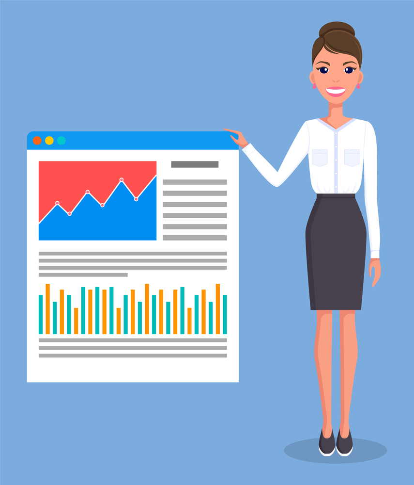 Smiling young woman gives a report, businesswoman standing near demo poster with performance charts and description diagram. Business presentation and project management concept vector illustration. Smiling young businesswoman gives a report. Business presentation concept vector illustration