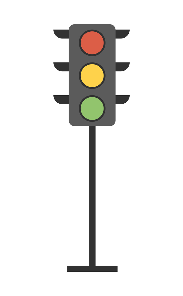 Traffic light symbol on white background. Light-emitting device vector illustration. Simple road sign isolated. Device with red, yellow, green light regulates the movement of vehicles and pedestrians. Traffic light symbol on white. Light-emitting device vector illustration. Simple road sign isolated