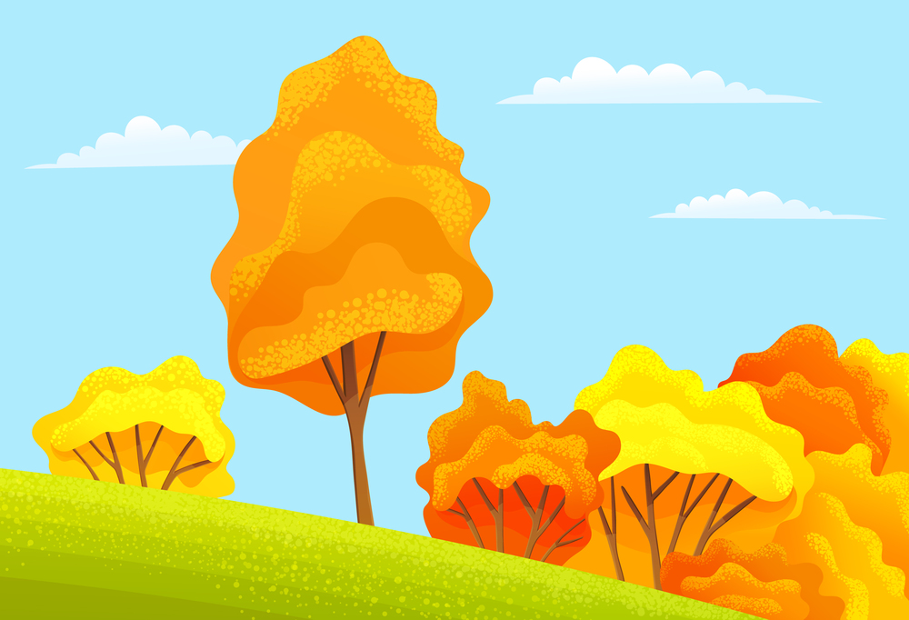 Autumn season cartoon country landscape with high trees, lush bushes grow on a slope, green field or meadow in front of the yellow forest. Lovely rural nature clear day vector flat illustration. High trees, lush bushes grow on a slope. Autumn season cartoon country landscape with blue sky