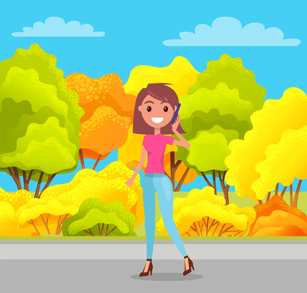 Smiling woman character holding phone device, walking down the street and talking. Pretty positive girl wearing casual clothes in autumn park. Happy lady with smartphone, vector student or girlfriend. Pretty girl wearing casual clothes in autumn park walking down the street and talking on phone