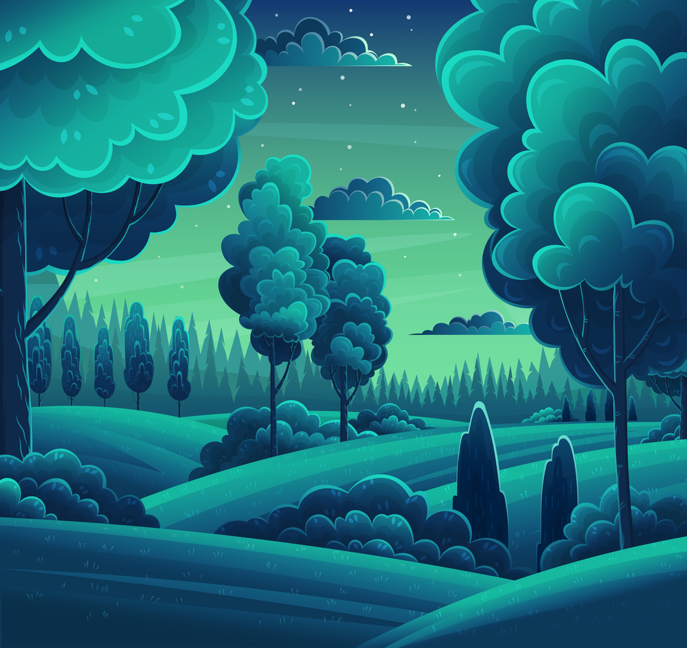 Night in forest, vector cartoon illustration. Hills and tall trees, pine forest on the horizon, lush bushes, clouds in the starry sky. Beautiful nighttime landscape. Green plant and grass rural land. Night in forest, vector art cartoon illustration. Hills and tall trees pine forest on the horizon