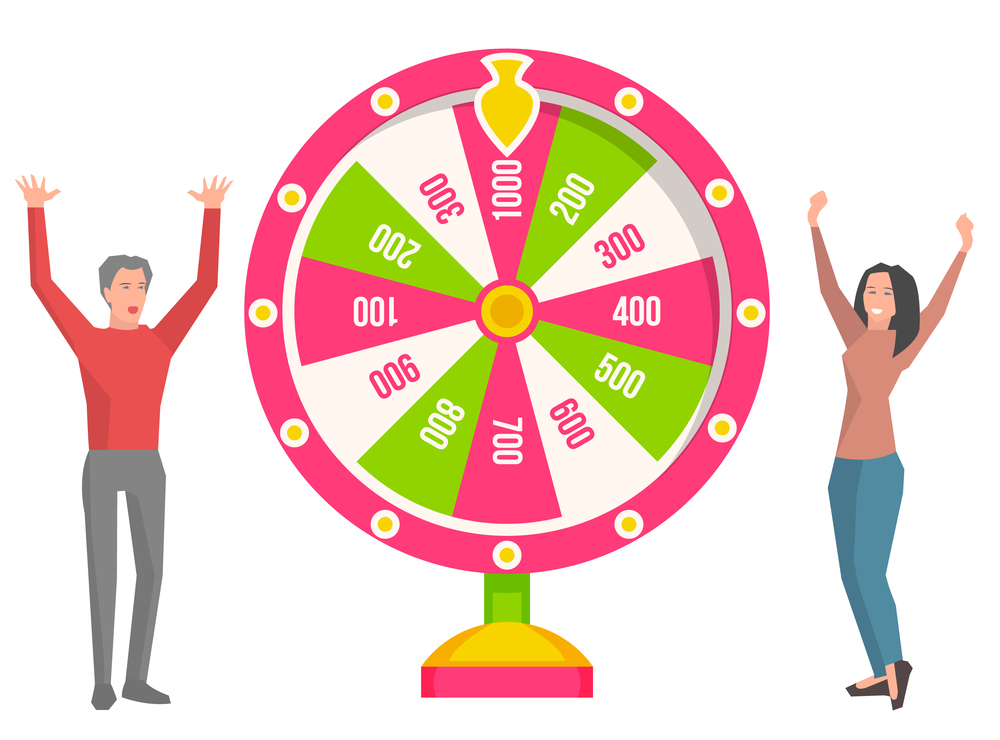 Game fortune wheel concept. People playing risk game with fortune wheel and lottery. Illustration of casino fortune, wheel winner game, flat style. Man and woman won, joyfully raised their hands up. Game fortune wheel concept. People playing risk game with fortune wheel and lottery flat style