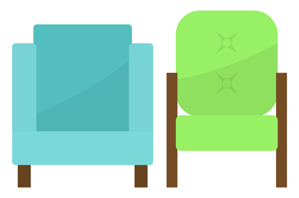 Retro green and blue colored armchair. Living room furniture design concept modern home interior element isolated vector. Modern soft armchair with upholstery of cloth. Soft chair on wooden legs. Retro green and blue colored armchair. Living room furniture design concept modern home interior