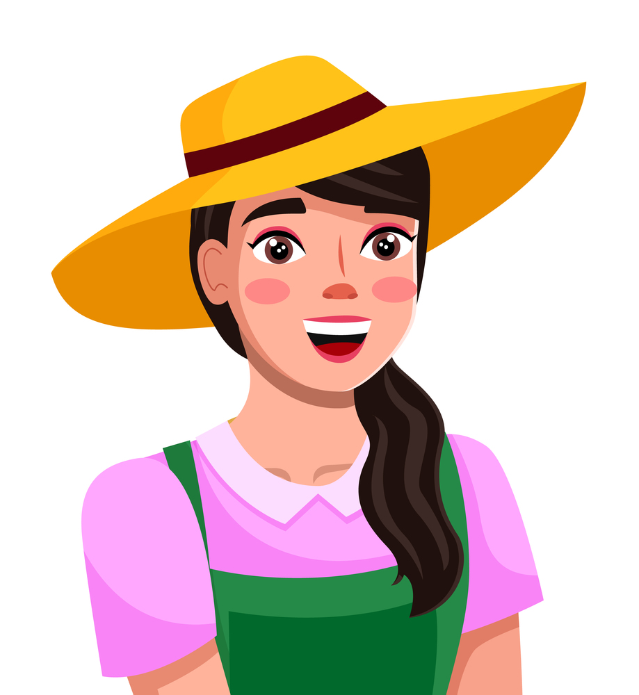 Young happy woman in a straw hat with wide brim, dressed in a pink dress and a green apron. Sweet smiling female character isolated on white background. Cute dark haired girl gardener or farmer worker. Young happy woman in a straw hat with wide brim, dressed in a pink dress and a green apron