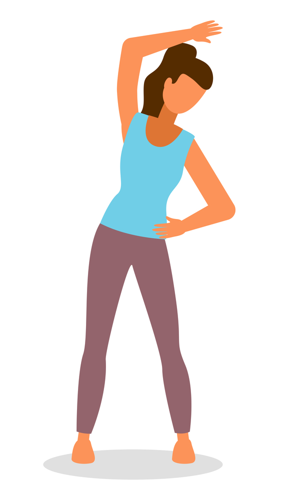 Young caucasian white woman doing stretching warm up exercise. Vector cartoon illustration girl doing fitness, monitors his health isolated on white background. Development flexibility, healthy lifestyle. Young caucasian white woman doing stretching warm up exercise, vector cartoon illustration