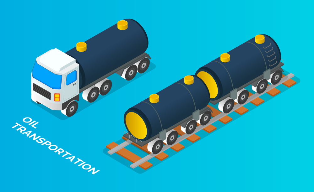 Truck with tank for transportation fluid cargo. Oil petroleum transportation tank car isometric vector. Cistern with fuel, oil, gas or liquid stand on railway platform. Transportation of liquid cargo. Truck with tank for transportation fluid cargo. Oil petroleum transportation tank car vector