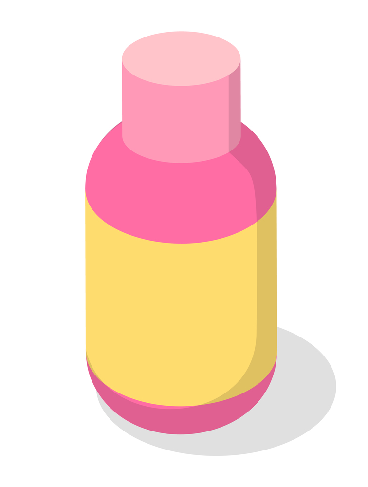 Matte and glossy plastic bottle and cap for vitamins, tablets, packaging for pills or cosmetics. Pink container with screw cap and a yellow label for medicament or household chemicals, liquids. Matte and glossy plastic bottle and cap for vitamins, tablets, packaging for pills or cosmetics