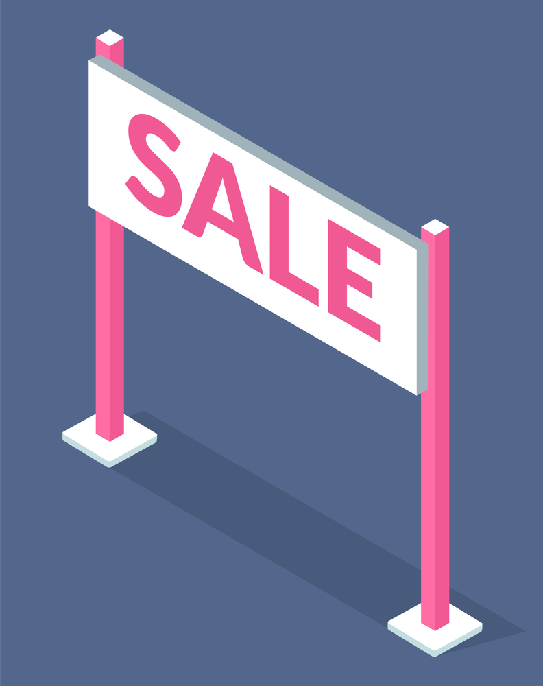 Illustration of white sale sign with pink lettering on grey background. Promotional sale signal. Seasonal discounts at the supermarket. Advertising sign on the desk with stand stands on supports. Illustration of white sale sign with pink lettering on grey background. Promotional sale signal