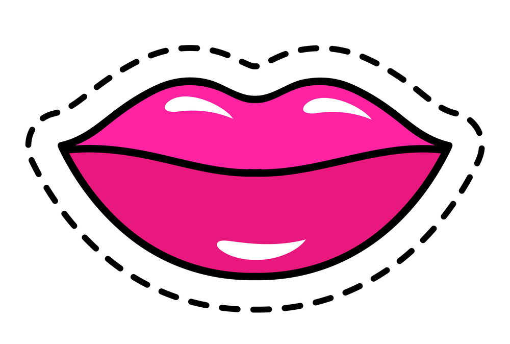 Female cartoon pink lips with dashed line outline. Icon, sign, symbol, patch design modern style, nice shiny glamour woman lips, a good mood sticker vector illustration isolated on white background. Female cartoon pink lips with dashed line outline. Icon, sign, symbol, patch design modern style