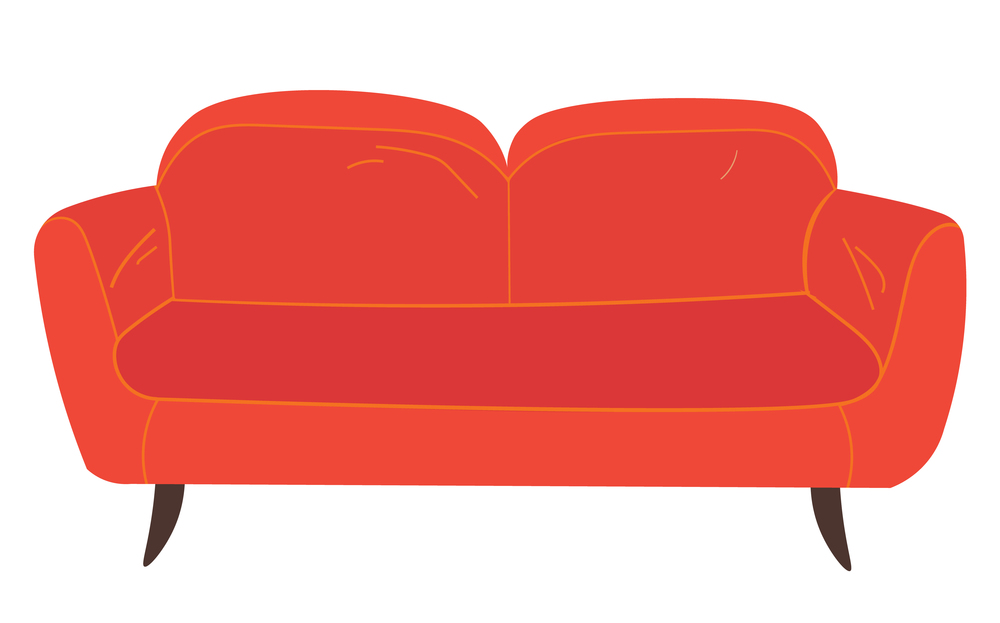 Retro red colored sofa. Living room furniture design concept modern home interior element vector. Contemporary furniture for living room or home office. Fashion couch with soft cloth upholstery. Retro red colored sofa. Living room furniture design concept modern home interior, soft couch