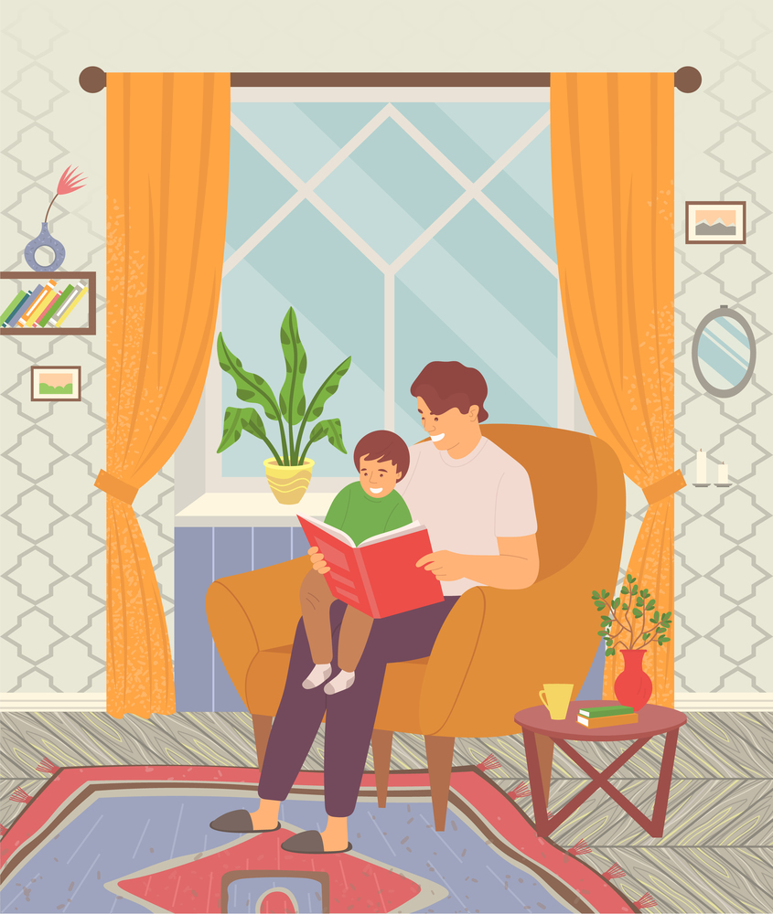 Dad reading a tale to his little son and teaching him read lessons. Happy family, dad takes care of the baby. Smiling boy sitting on dad s lap, man in the armchair holding a book. Funny bedtime story. Dad reading a tale to his little son and teaching him read lessons. Father takes care of the baby