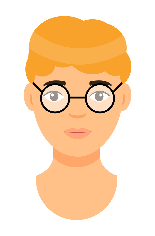 Cartoon character in glasses. Concept of avatar of young man with bad eyesight. Isolated at white background portrait of caucasian person. Blond-haired adult guy. Handsome male. Face of white man. Cartoon character in glasses, avatar of young man with bad eyesight, isolated caucasian person