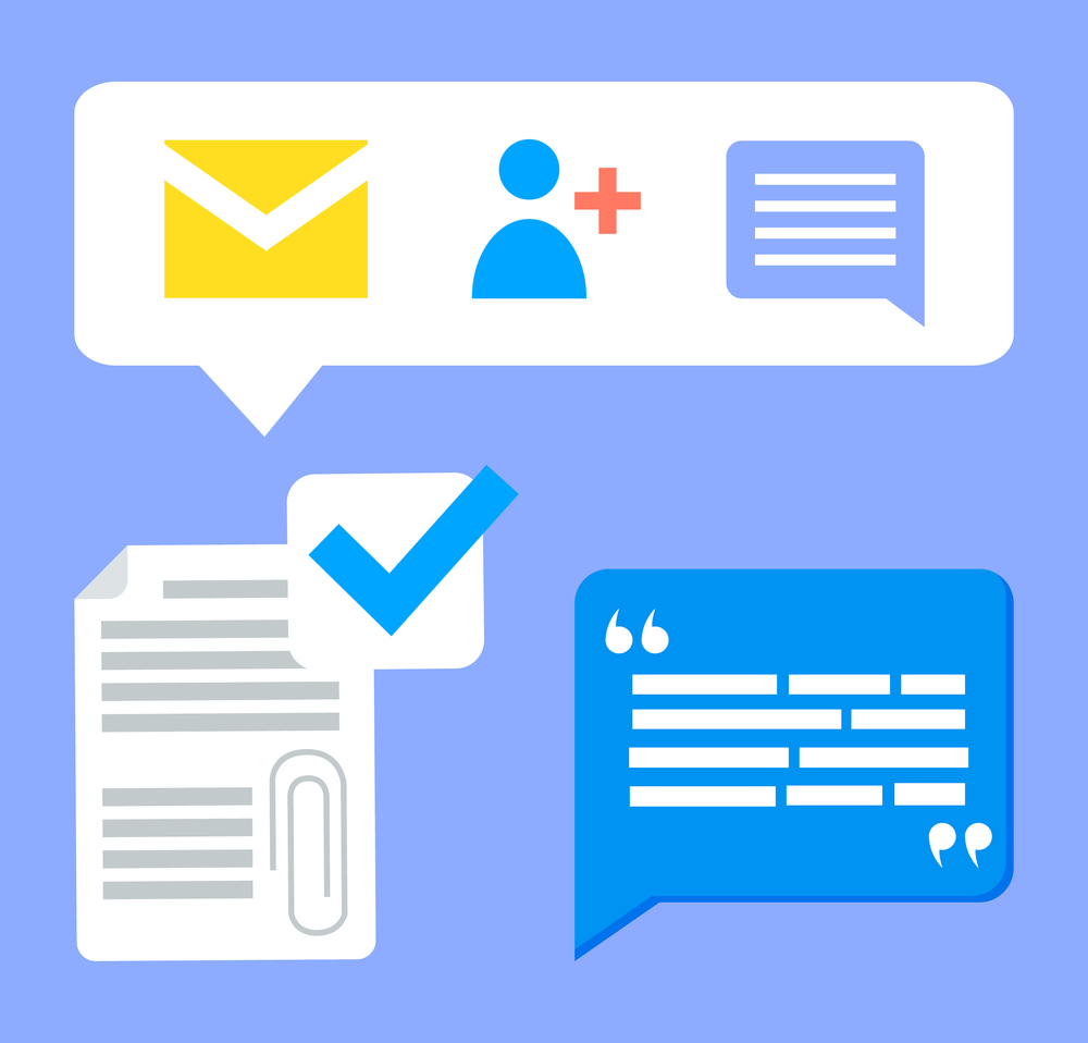 Social network icons, income message, email, chatting with friends, feedback document, comments of users, customers demands, chatting box, blank bubbles template for text, check mark, communication. Social network icons, income message, email, chatting with friends, feedback, comments of users