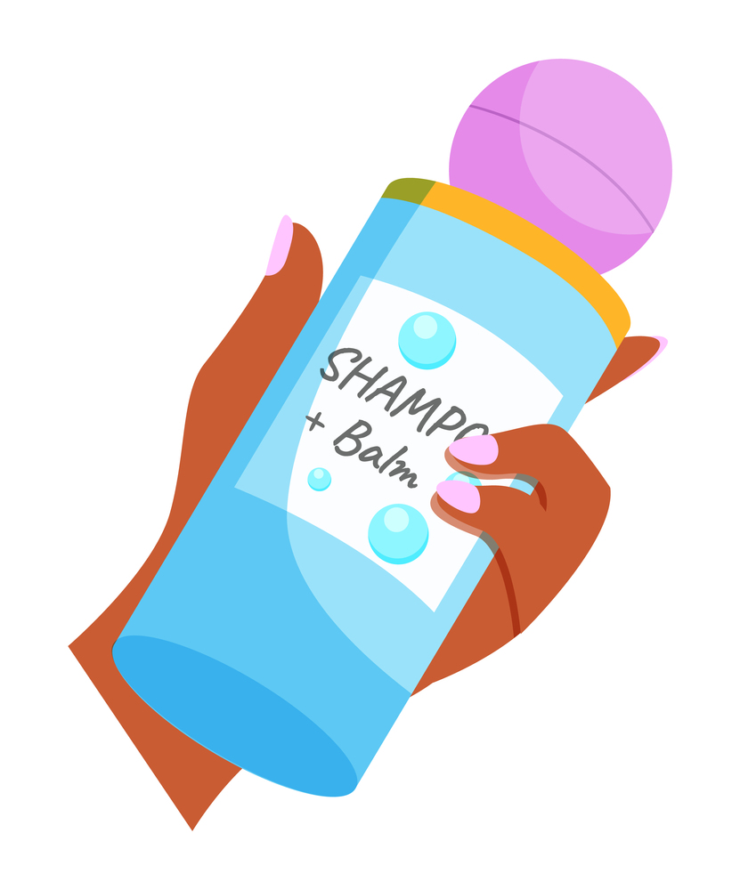 Isolated female hand of mulatto girl with pink nail polish holding bottle with shampoo and balm. Label with text bubbles at plastic bottle with decorative pink cap. Decorative cosmetics for hair. Isolated female hand of mulatto girl with pink nail polish holding bottle with shampoo and balm