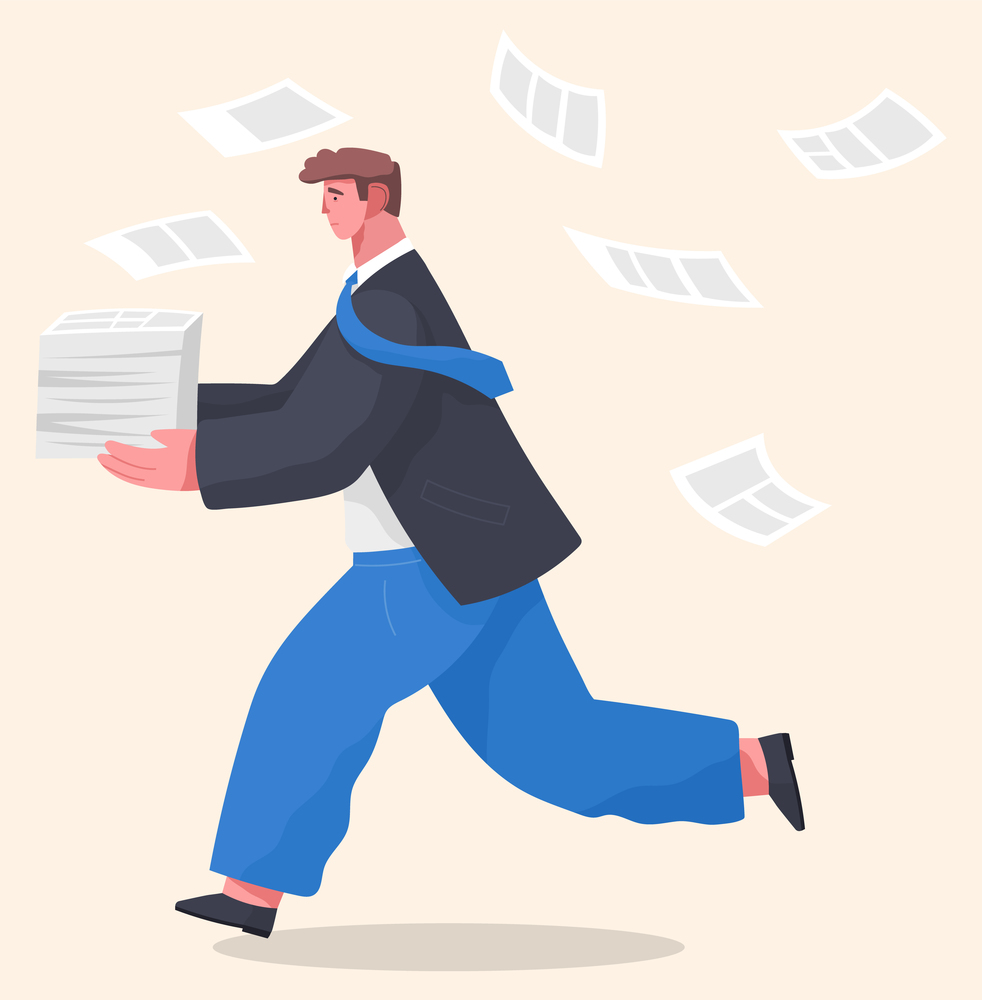 Office worker holding stack of documents running. Unorganized man in panic of paperwork. Worker failure deadline, stressing, busy. Employee hurry and panic. Vector cartoon character with flying papers. Office worker holding stack of documents running, unorganized man in panic of paperwork, stressing