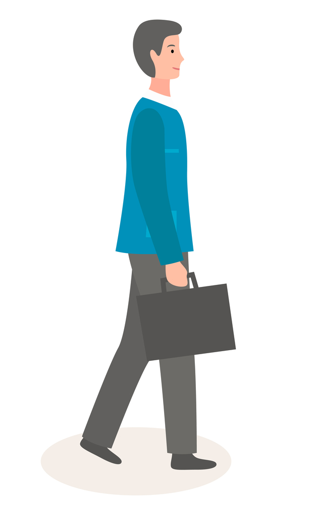 Stylish businessperson wearing office clothing. Businessman in stylish cloth with portfolio. Business person walking with suitcase. Confident executive man wearing blue jacket. View from side. Stylish businessperson wearing office clothing, businessman in stylish cloth with portfolio