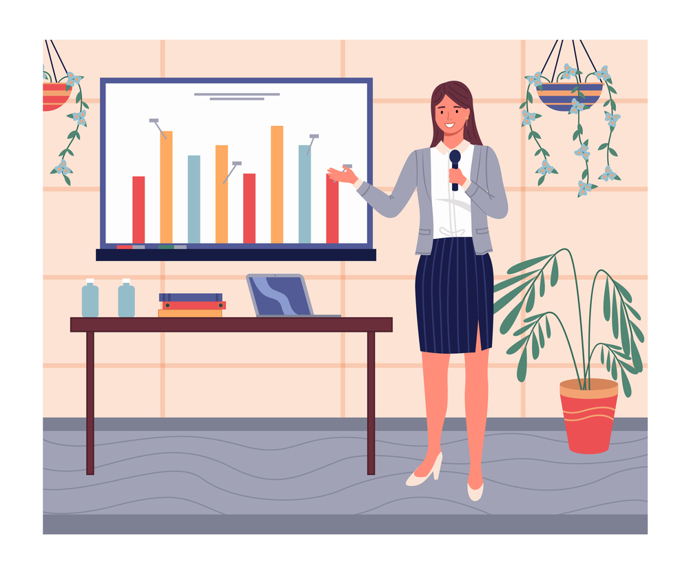 Confident smiling woman wearing office suit and shoes on heels show presentation with graph, diagram at digital board. Businesswoman talking with microphone. Table with laptop and office folders. Confident businesswoman with microphone show presentation with graphics analytic at digital board