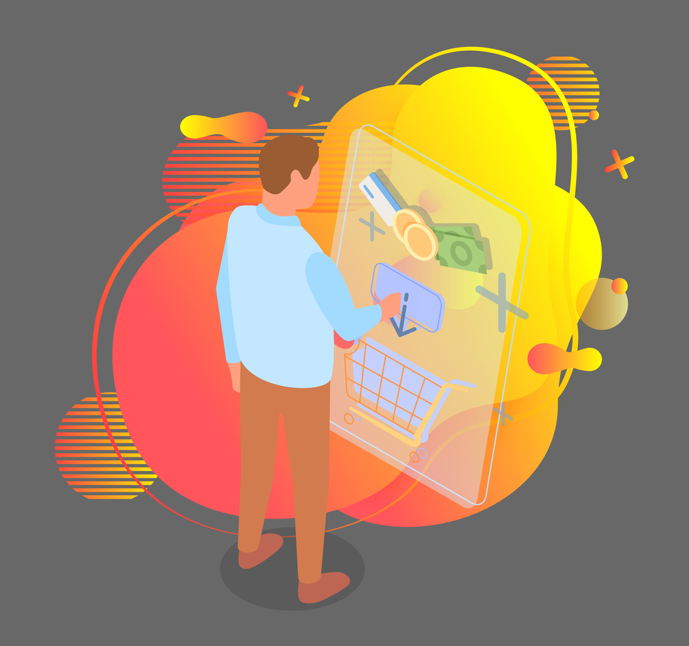 Online shop, isometric 3d illustration with abstract background. Man customer choosing good in online shop, put it in cart at website. Money, coins, credit card symbols. Spending money in e-store. Man customer choosing good in online shop, isometric 3d illustration with abstract background