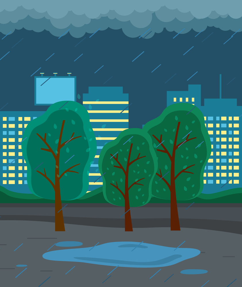 Night autumn city view with strong rain, cold damp weather, raining at evening, scene with trees, buildings with light in windows and puddles on road, gloomy, overcast cloudy scenery, nobody around. Night autumn city view with strong rain, cold damp weather, raining at evening, scene with trees