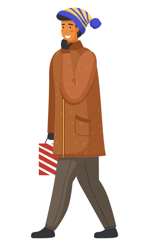 Guy in winter clothes, young man portrait isolated at white, walking male wearing warm jacket, gloves, hat, trousers, shoes, holding paper bag in hand, person avatar from side view, smiling adult man. Guy in winter clothes, young man portrait isolated at white, walking male wearing warm clothes