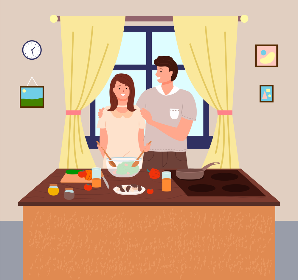 Woman cooking at kitchen. Female mixing salad in bowl. Man hugging wife. Woman preparing food at home. Windows with curtains at background. Happy family cooking meal, food together, flat style. Woman cooking at kitchen, female mixing salad in bowl, man hugging wife, woman preparing food