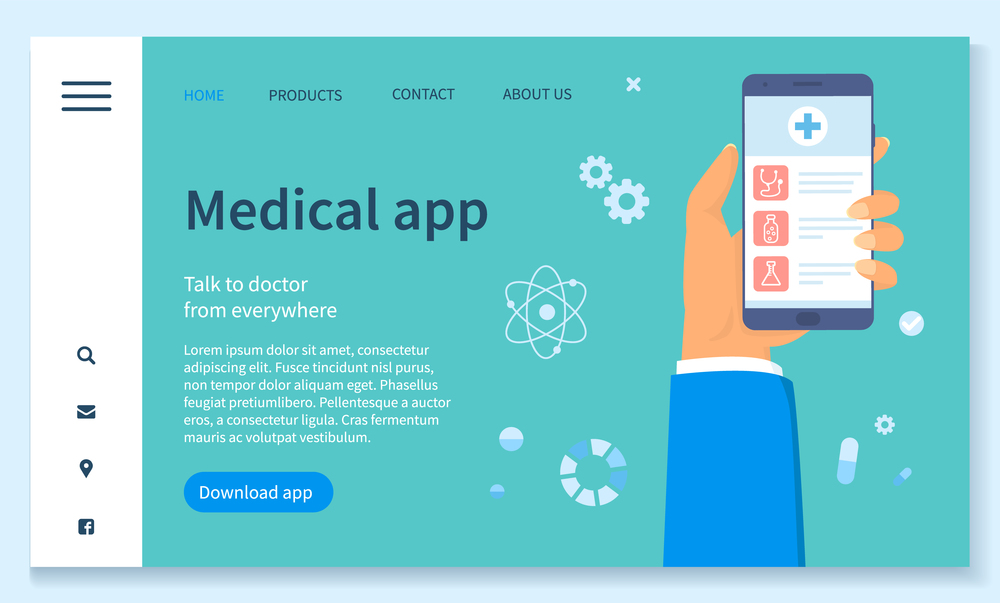 Template of landing page medical website. Online consultation with doctor. Hand holding phone with medical app. Remote medical consultation. Virtual medicine and online diagnostic. Distance medicine. Template of medical website, talk to doctor from everywhere, medical app, distance medicine