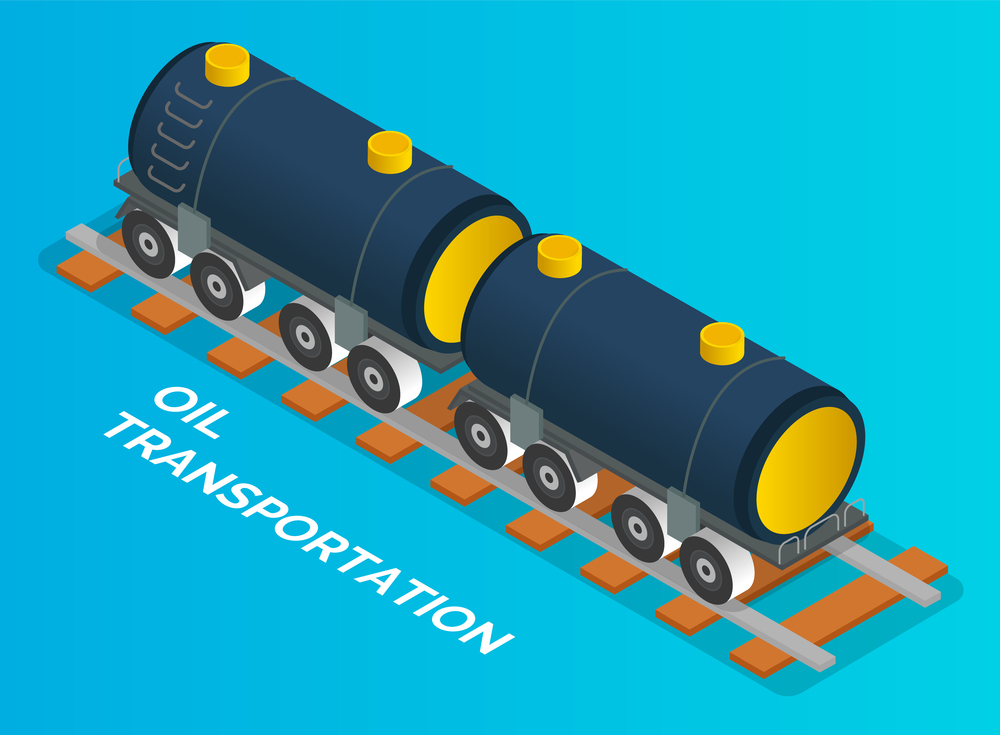 Oil petroleum industry concept. Transportation oil with railway carriage. Isolated vehicle at blue background. Transport filled with petroleum. Isometric cartoon 3d illustration. Commercial delivery. Transportation of oil in train, railway carriage, delivery of danger liquid, vehicle for oil
