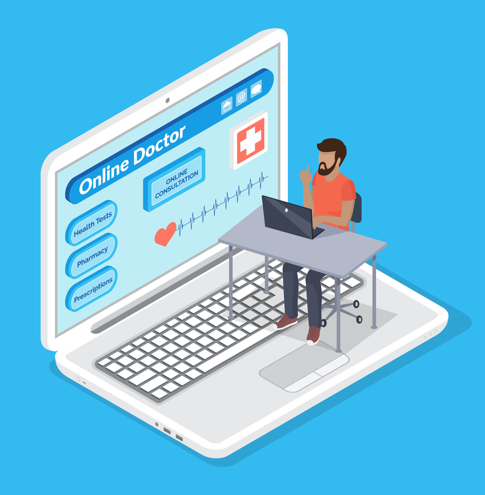 Isometric illustration. Man with laptop sitting at big laptop. Patient looking at screen. Online consultation with doctor. Medical virtual help at distance. Opening medical website of clinic. Doctor s reception, online consultation with doctor, man using medical website, virtual medical help