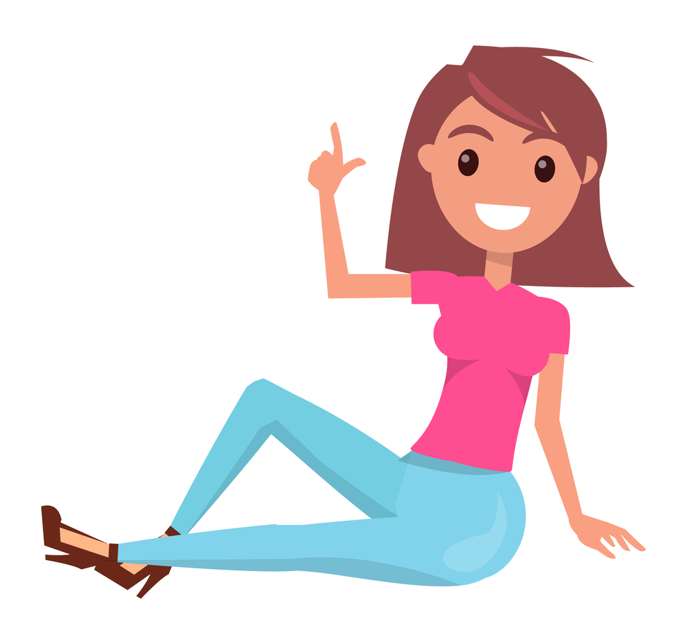 Portrait of young smiling girl wearing pink t-shirt and jeans, stylish shoes at heels. Isolated cartoon character at white background. Cheerful girl posing, sitting at floor and show her finger up. Young smiling girl wearing pink t-shirt and jeans, stylish shoes at heels sitting and show finger up