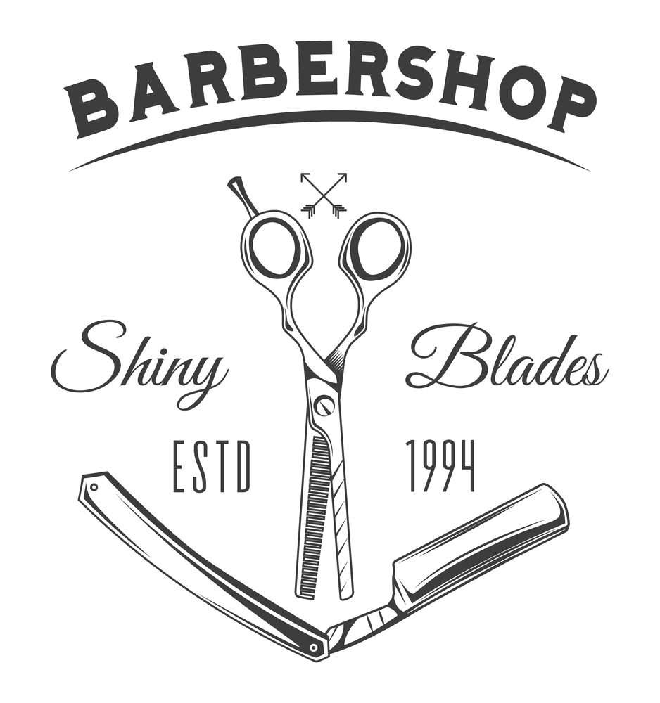 Black and white poster. Vintage barbershop lettering for signboard, label, sticker, poster, print for clothes, logo, advertisement design, template. Barbershop scissors and razor blades. Shiny blades. Barbershop scissors and razor blades, shiny blades, black and white poster, vintage emblem
