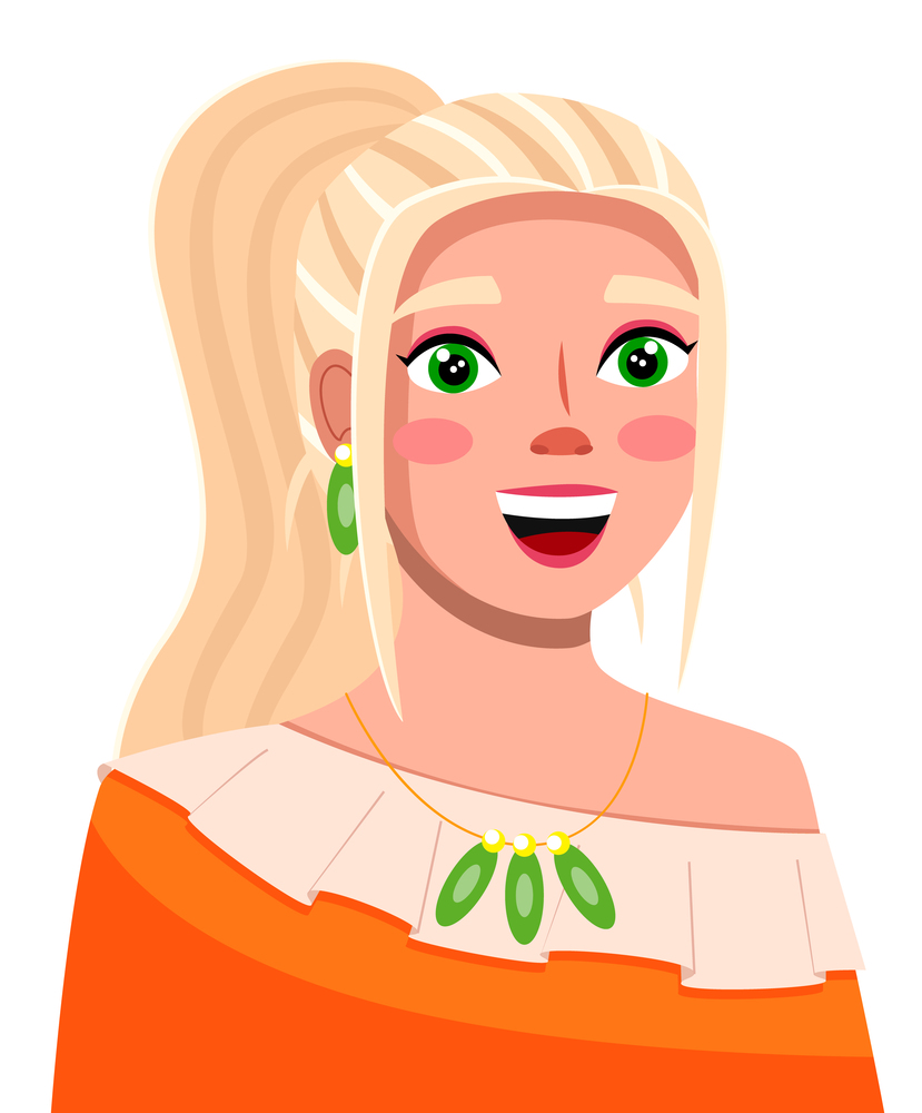 Vector cartoon character. Avatar of young blonde smiling woman wear orange cloth, with ponytail, green eyes, earrings and necklace. Happy isolated at white portrait of pretty girl. Attractive lady. Avatar of young blonde smiling woman wear orange cloth, with ponytail, green eyes, green accessories