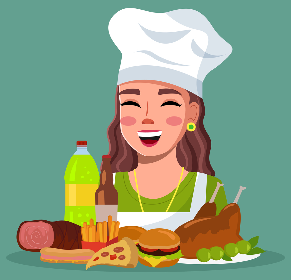 Smiling woman cook with unhealthy high-calories delicious food. Cheerful girl wearing cook hat with meat, sandwich, pizza, hamburgers, fried chicken, sweet sparkling water, beer bottle, french fries. Smiling woman cook with unhealthy high-calories delicious food, fast food, street fat food