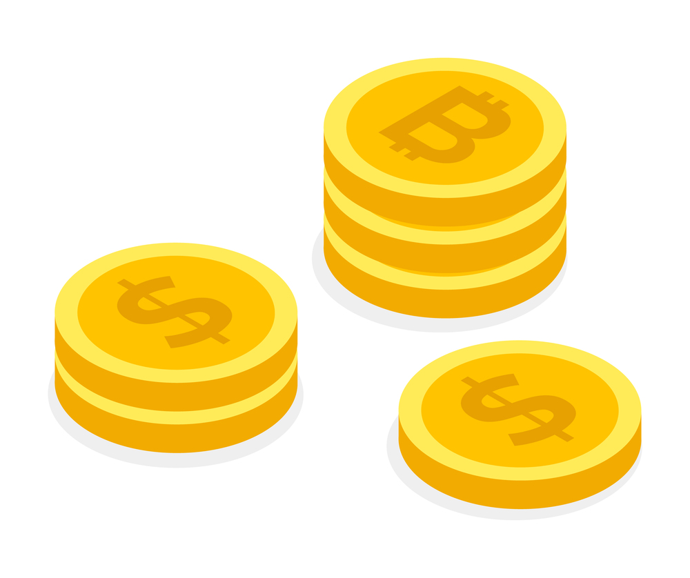 Stacks of coins. Electronic money. Golden bitcoins and dollars isolated at white. E-money, electronic contactless payment, electronic cash. Untracked digital currency. Currency exchange concept. Stacks of coins, electronic money, golden bitcoins and dollars isolated at white, e-money currency