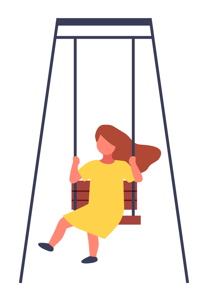 Child spending time at playground, kindergarten. Kid have fun, recreation. Girl rest relax on swing. Little girl wearing yellow dress swinging. Playtime concept. Isolated faceless chartoon character. Child spending time at playground, kindergarten, kid have fun, recreation, girl rest relax on swing