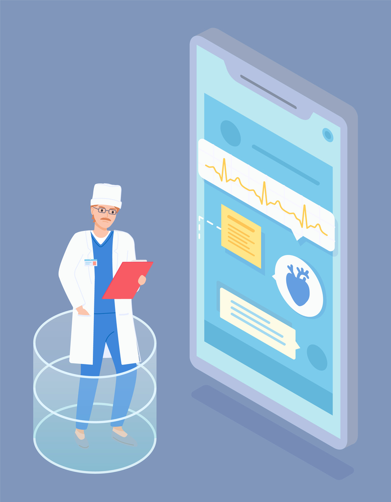 Isometric vector illustration with cartoon character. Online consultation with doctor. Virtual help, medical application for smartphones. Medicine at distance. Web medicine, chatting with specialist. Isometric vector illustration with cartoon character, online consultation, chatting with doctor