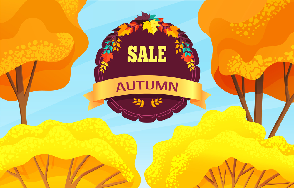 Sale autumn, promo action, discounts time, offer, promotional poster for stores or shops, banner concept, sale products, things, clothes, proposal to save money, golden trees symbols, decoration. Sale autumn, promo action, discounts time, offer, promotional poster, banner for stores or shops