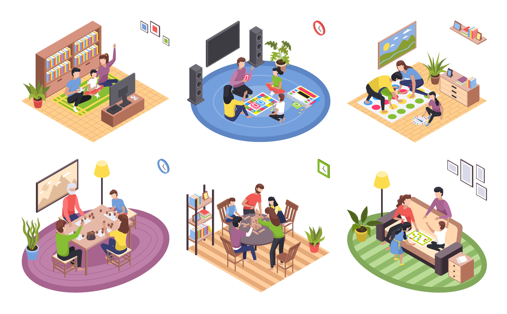 Board games family isometric set. Parents with kids sitting at table and playing tabletop games. Spend time together gaming on console. Mom and father, girl and boy at home. Vector cartoon flat. Board games family isometric set. Stay home. Parents with kids sitting at table and playing tabletop games