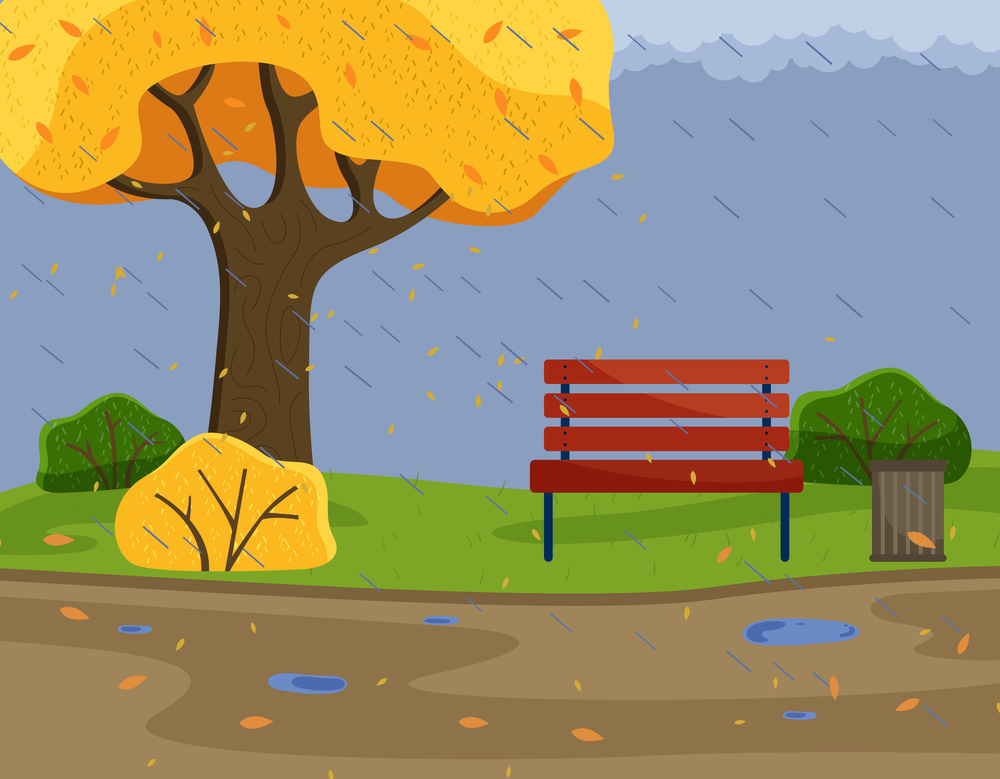 Autumn park background view with strong rain, cold damp weather, scene with bench, yellow tree and bushes, trash bin, orange leaves and puddles on road, gloomy, overcast cloudy day, nobody around. Autumn park background view with strong rain, cold damp weather, gloomy, overcast cloudy day, nobody
