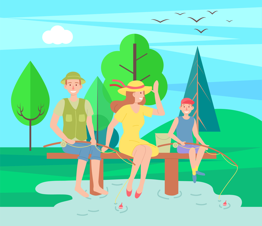 Family outdoor recreational activities, happy parents sitting with son and fishing, father, mother and kid with fish rod spending time together at nature, leisure, recreation time, relationships. Family outdoor recreational activities, happy parents sitting with son and fishing, summer nature