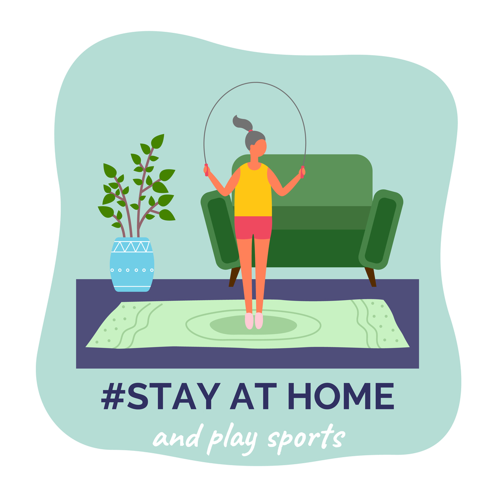 Stay at home and play sports. Quarantine self-isolation during spreading covid-19. Woman making sport exercises, fitness training. Home gym. Sportive girl jumping rope. Healthy energy lifestyle. Stay at home and play sports, girl jumping rope, fitness exercises, quarantine isolation at home