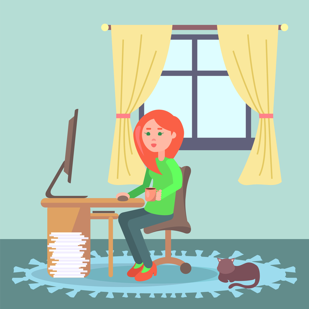 Working at home, young girl with cup in hand, drink coffee using computer sitting at table, freelance work, domestic cat laying at carpet, leisure time, businesswoman or student using internet. Working at home, young girl with cup in hand using computer sitting at table, freelance work