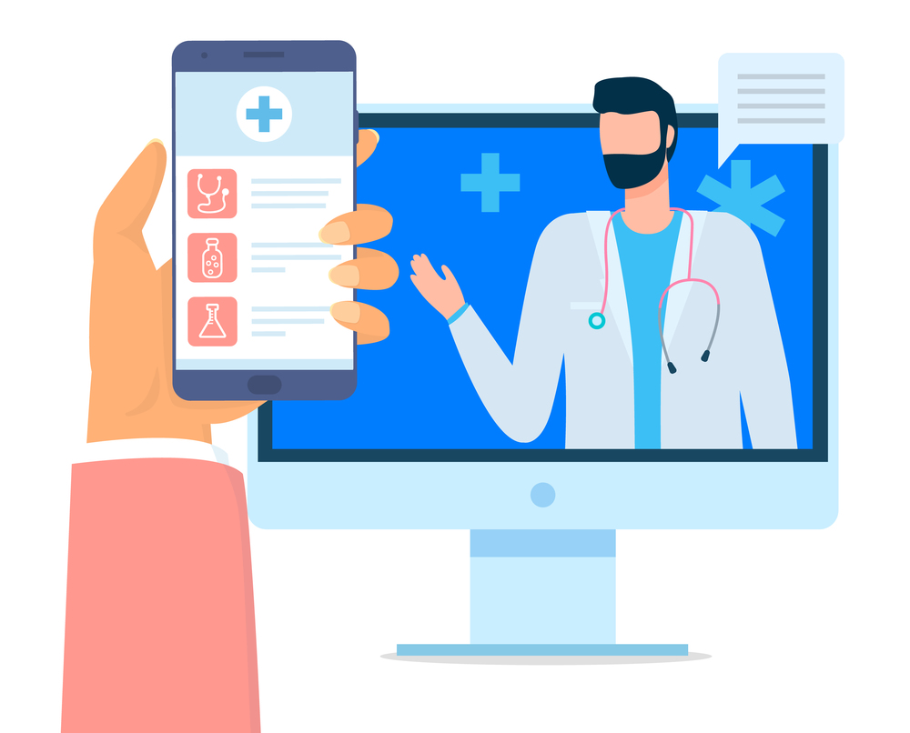 Online consultation with doctor. Hand holding phone with medical app. Remote medical consultation. Virtual medicine, online diagnostic. Distance medicine. Computer screen with isometric doctor. Online consultation with doctor, hand with phone medical app, bearded doctor in computer screen