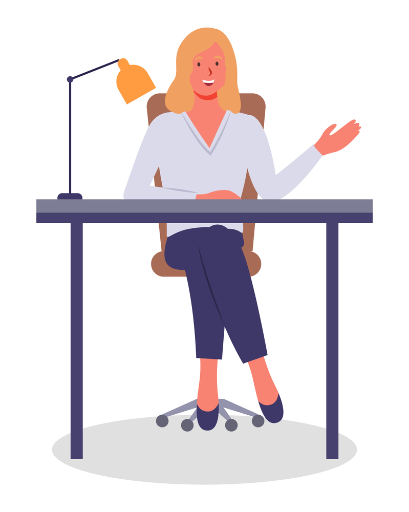 Vector illustration of businesswoman sitting at the table in the office and working. Lady gesturing waving hand. Isolated woman smiling, wearing office suit. Workplace of office worker, lamp at table. Businesslady gesturing waving hand, isolated woman smiling, wearing office suit, lamp at table