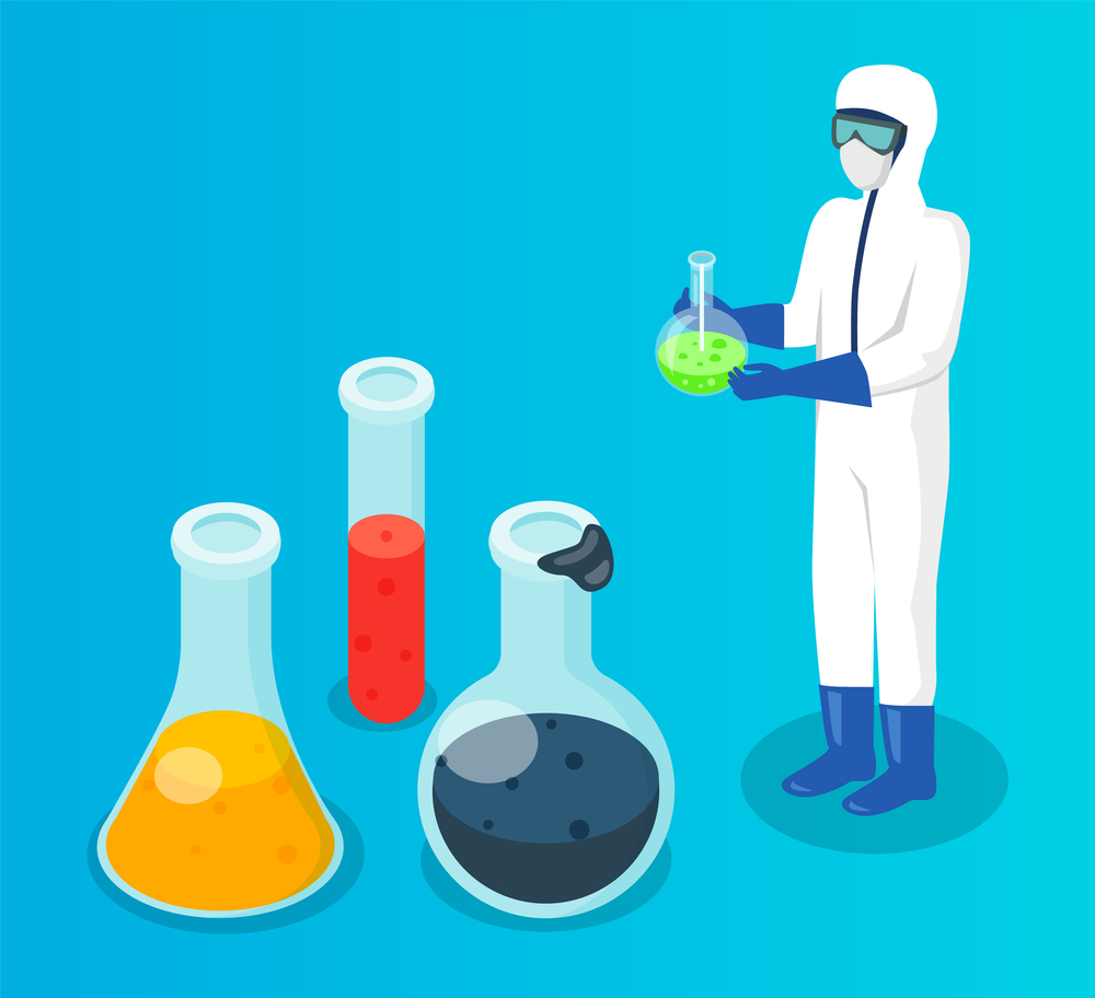 Scientific lab experiments. Person in protective costume working with dangerous liquids. Flasks, test tubes with chemical toxic liquids. Assistant making laboratory test. Isometric 3d illustration. Person in protective costume holding toxic liquid in flask, making scientific researches, tests