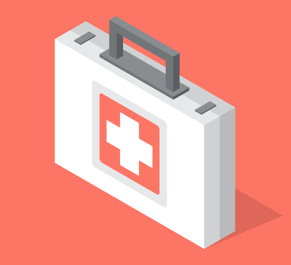 First aid kit isolated at red background, medical icon, cartoon vector style, suitcase with medical equipment. Square suitcase with cross. Healthcare treatment. Container for medical tools, equipment. First aid kit isolated at red background, medical vector icon, suitcase with medical equipment