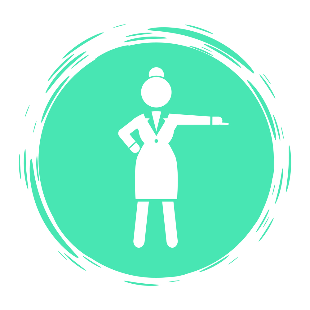 Green circle logo or avatar with business woman wearing office dress. Business lady show her hand and finger in side, pointing at something, showing. Business person isolated portrait. Stamp style. Green circle logo with businesswoman wearing office dress, show her hand and finger in side